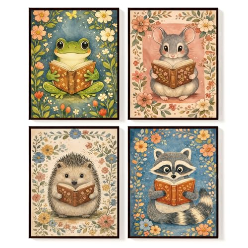 SkyCozy Reading Nook Decor, Woodland Animal Reading Wall Art Posters Set of 4, Frog Mouse Hedgehog Raccoon Book Prints, Cute Library Corner Wall Decor for Kids Room Nursery Playroom, 8x10 Unframed