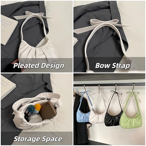 Coquette Shoulder Purse Women Pleated Balletcore Hobo Bag Cute Solid Bow Strap Handbag Clutch Tote2