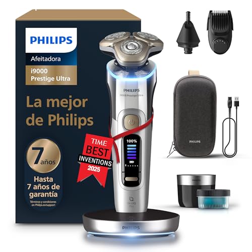 Philips i9000 Prestige Ultra, Afeitadora Eléctrica Hombre, Máquina de Afeitar Barba Seco y Húmedo, SkinIQ Pro, Base de Carga, Recargable, Estuche, Centro de limpieza, Recortador, Naricero, XP9404/38