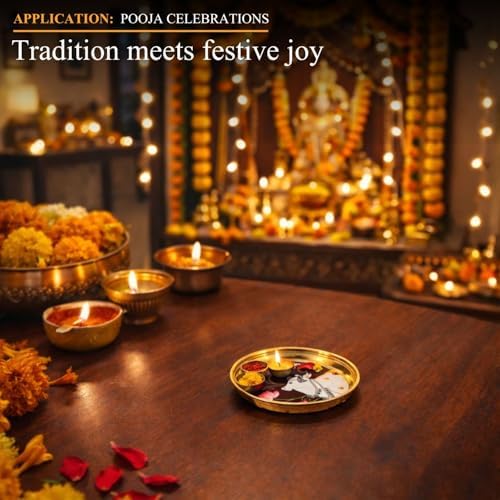 Image of Klassic 8 Inch Brass Pooja Thali, Traditional Auspicious Handcrafted Designed Bhog Plate for Puja Ghar Home Office Mandir Diwali Wedding Return Gift Items (Pack of 1, Golden)