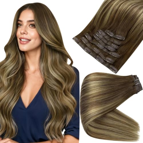 Image of Full Shine Human Hair Clip in Extensions Brown Balayage Seamless Clip in Hair Extensions Human Hair Medium Brown with Honey Blonde Highlights Natural Seamless Look 18 Inch 8 Pcs 120 G