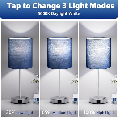 Blue Touch Lamps for Nightstand Set of 2 - Bedside Table Lamp for Bedroom with Dual USB Ports & AC Outlet, 3-Way Dimmable Lamps for Living Room Boys Room, Night Light with 5000K Daylight Bulbs - Image 4