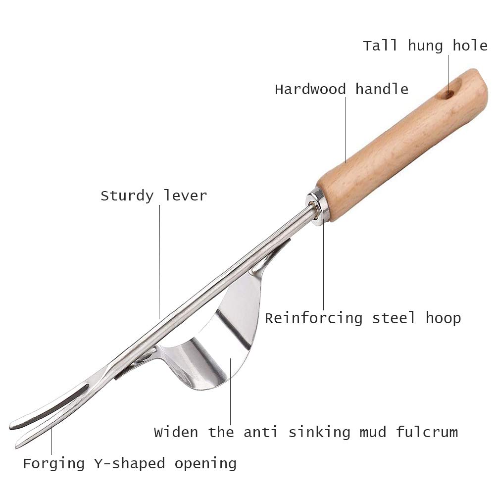 Extractor de maleza de Acero Inoxidable,Weeder de Mano de Jardín,Malas Hierbas Herramienta,Escardador con Mango de Madera,para Jardinería de Herramientas de Desmalezado Extractor de Malas Hierbas 31CM
