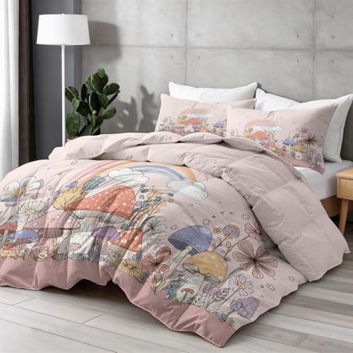 Couette 220x240 rose réversible en microfibre douce avec motif champignon