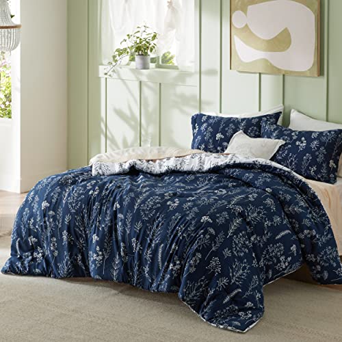 Image of Bedsure Queen Comforter Set - Navy Bed Set, 3 Pieces Cute Floral Bedding, 1 Soft Reversible Botanical Flowers Comforter and 2 Pillow Shams