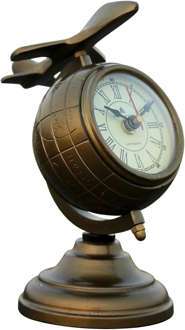 Antique Desk Clock with Jet for Home, Office & Decorations, Vintage Look Embossed Bedside Clock with Fighter Jet with Free Compass Keychain