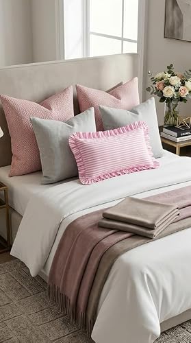 WWW.THROWPILLOW.IN Pink Striped Cotton Frill Cushion Cover, Decorative Pillow Cover for Sofa, Bedroom, Window Seat Styling Rectangular Cushion 14x20 Inches
