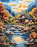 Kit Punto Croce Prestampato Paesaggio Fluviale 40X50Cm Set Schemi Punto Croce Kit Da Ricamare Prestampato Per Principianti, Disegni Quadro Quadri A Mezzo Punto Croce Da Ricamare Kit Completo