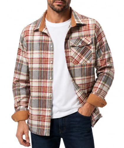Image of ZITY Men's Flannel Shirt Checked Shirts Plaid Long Sleeve Button Down Shirts Casual Lumberjack Work Shirt with Chest Pocket Regular Fit Overshirt for Outdoor Freizeit(Wine Red Beige, XL)