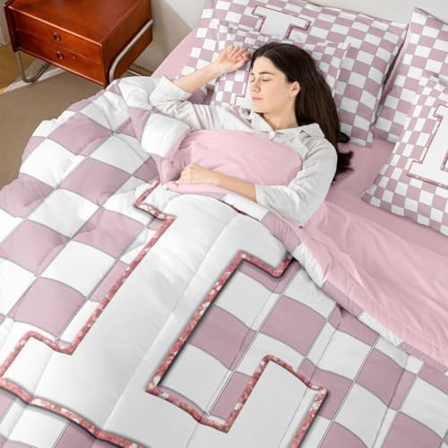 Image of Erosebridal Pink Initial L Queen Comforter Set with Sheets 7 Piece Kawaii Plaid Checkered Bed in A Bag Cute Personalized Monogram Bedding Sets for Kids Girls Teen Women,Fashion Grids Gingham Bed Set