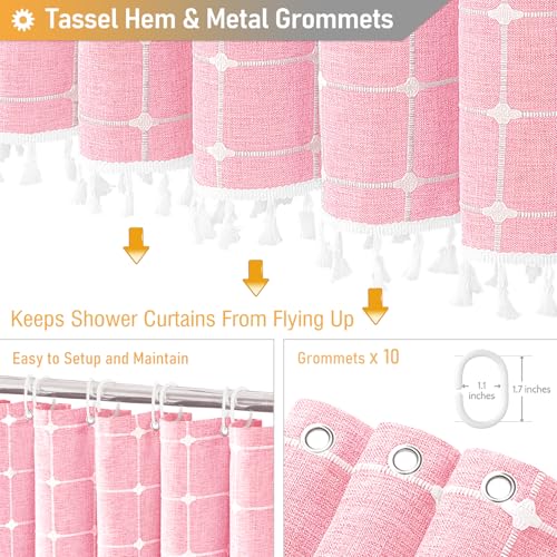 Image of BTTN Stall Fabric Shower Curtain - 54 x 78 Inch Boho Linen Heavy Duty Cloth Tassel Shower Curtain Set with 10 Hooks, Narrow Rustic Modern Farmhouse Bohemian Thick Shower Curtains for Bathroom - Pink