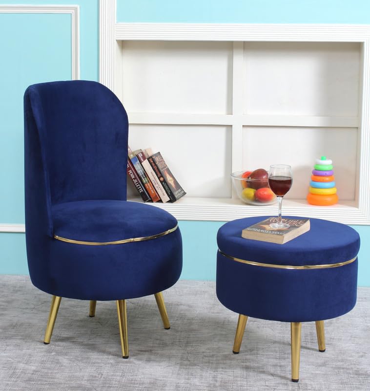 Image of Ottoman for Living Room, Velvet Round Foot Rest Stool, Metal Legs Chair for Sitting, Puffy for Bedroom & Makeup Room Decor | Chair (18 inchx18 inchx32 inch), Puffy (16 inchx16 inchx17 inch) | (Combo-Royal Blue)