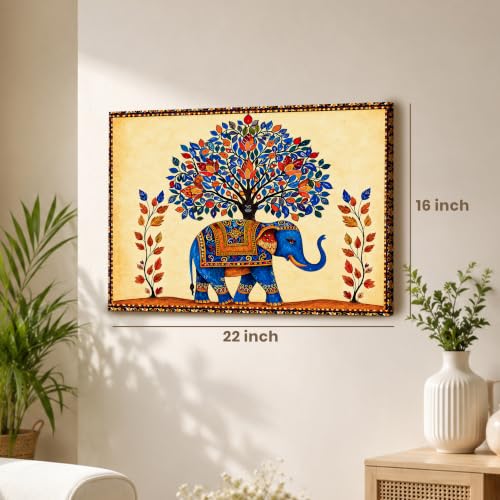 Image of Madhubani Elephant Stretched Canvas Painting for Living Room Wall Decor, Tree of Life Indian Traditional Vastu Stretched Canvas Wall Art for Vastu Place Bedroom Home Hallways Office Hotel, Size 16x22 Inch