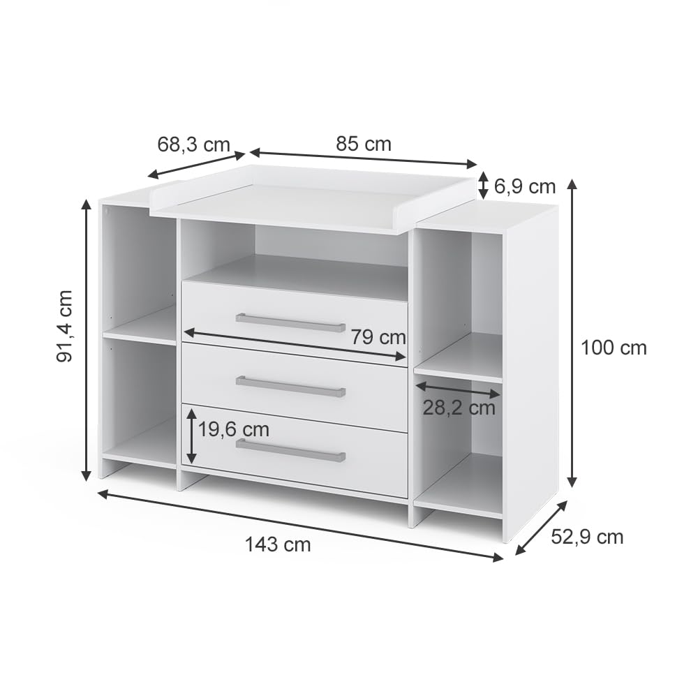 Vicco Wickelkommode Oskar Weiß 143 x 100 cm XL mit Schubladen Wickelstation erweiterbarer Ablagebereich