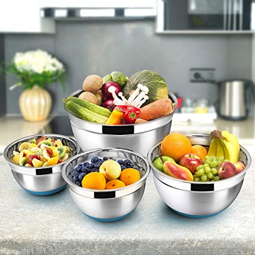 Herogo Mixing Bowls With Airtight Lids Set Of 4, Stainless Steel Nesting Bowls With Fitting Lids And Non-Slip Silicone Bottom, Size 4, 7, 3.5, 1.5, 1Qt, 4 Piece Large Metal Bowls For Mixing, Dark Blue #TOP6