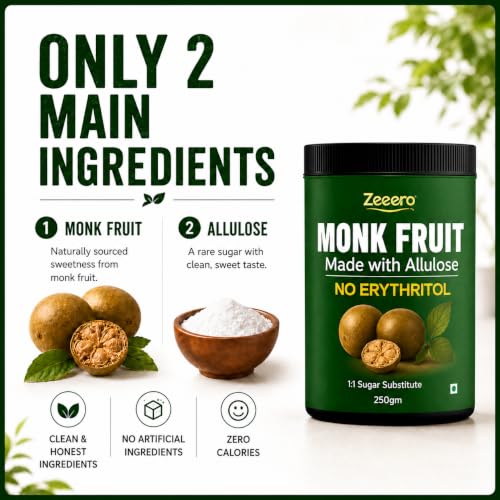 Image of Zeeero Monk Fruit Without Erythritol | Monkfruit Extract With Allulose Sweetener | Monk Sugar | Monk Fruit Powder | No Preservatives 250g Jar