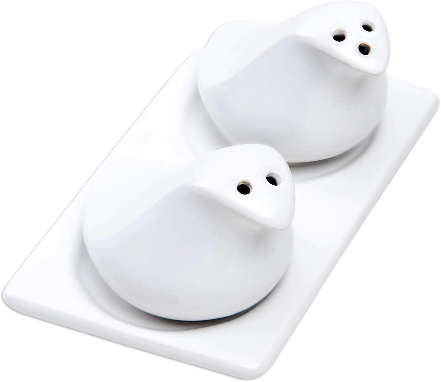 NOVICA Artisan Handcrafted Ceramic Salt Pepper Set 3 Pieces White Indonesia Tableware Serveware Sets Animal Themed Bird [ 2in H x 3.1in W x 2.4in D Tray 0.8in H x 5.5in W x 3.1in D] ' Sprinkled