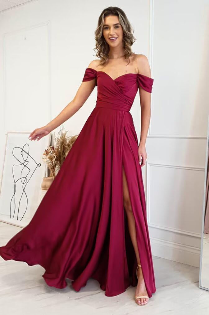 PEIYJYUSP Off Shoulder Satin Bridesmaid Dresses for Women Corset Prom Dress Long Ruched A Line Formal Gown with Slit