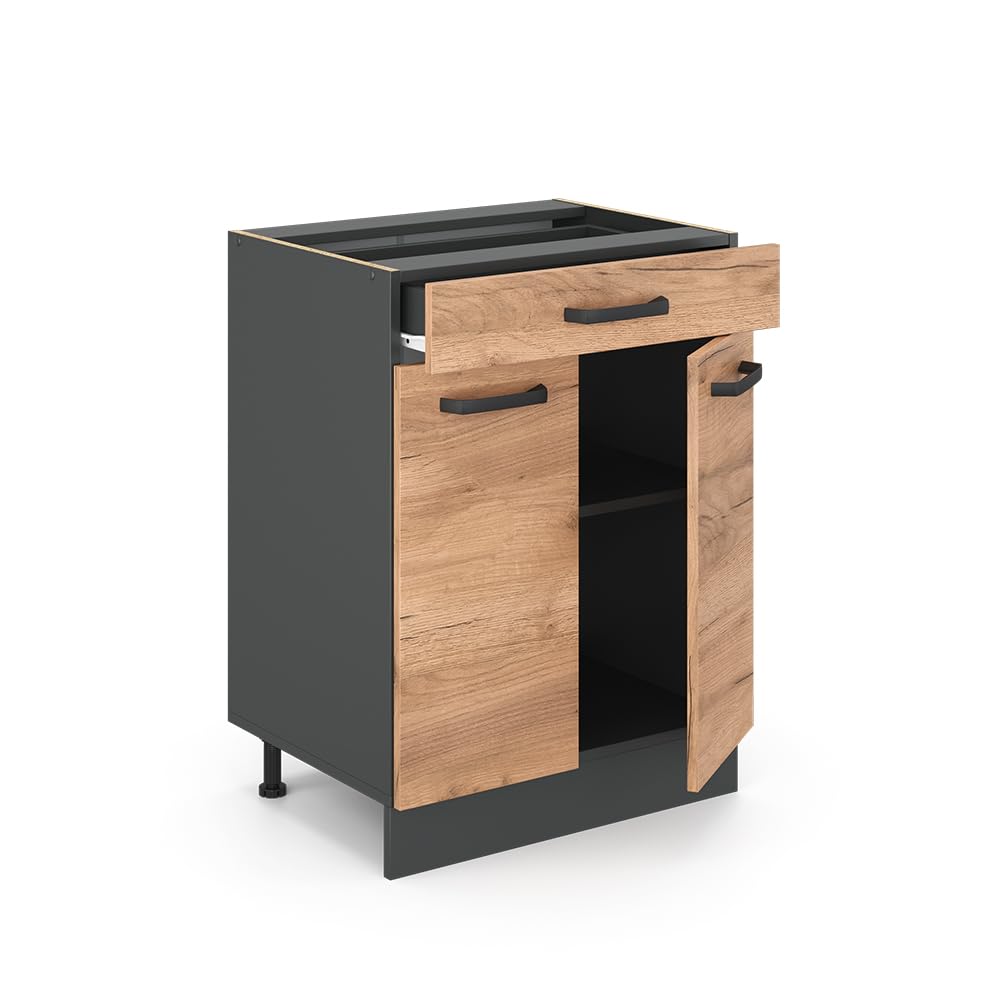 Vicco Mueble bajo de Cocina R-Line, Roble Dorado/Antracita, 60 cm con cajón, sin encimera