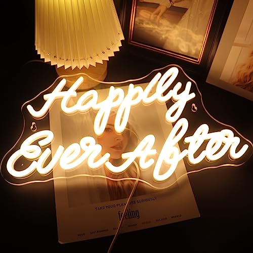 Led Happily Ever After Neon Sign USB Powered with Dimmer Switch Neon Lights for Home Bar Art Wall Decor Party Living Room Decor Wedding Engagement Wall Hanging Decoration (Warm white) - Image 2