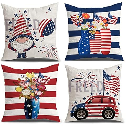 Sggvecsy 4th of July Decorations Pillow Covers 18x18 Independence Day Memorial Day Set of 4 Patriotic Throw Pillow Covers American Flag Gnomes Stars Vases Truck Floral Cushion Case for Home Sofa Couch Cover