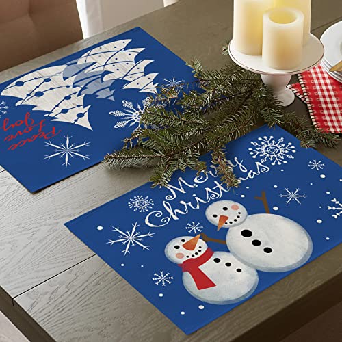 Seliem Blue Merry Christmas Placemats Set Of 4, Let It Snow Trees Snowman Cardinal Dining Table Place Mats Home Kitchen Decor, Xmas Red Bird Winter Decoration 12 X 18 Inch #TOP5