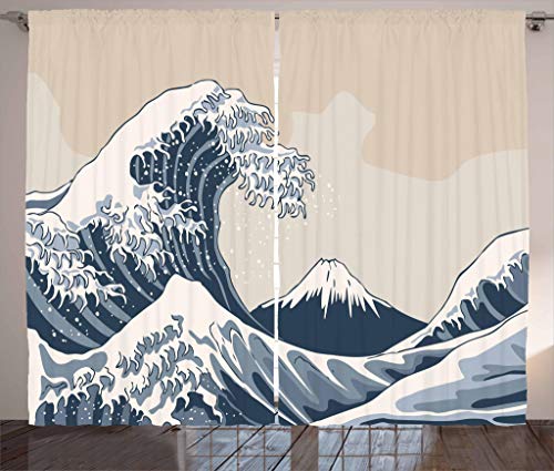 Lunarable Wave Curtains, Oriental Culture Hand Drawn Style Japanese Motifs Illustration Wave, Living Room Bedroom Window Drapes 2 Panel Set, 108" X 84", Blue Grey #TOP7