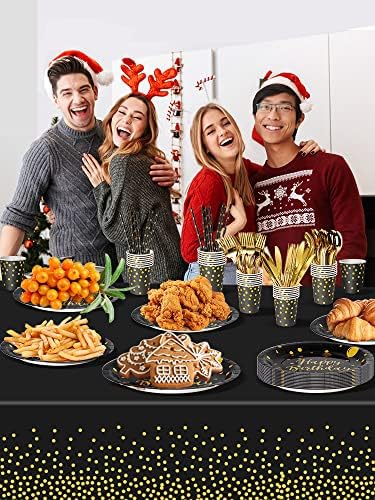 Nkaiso Party Tableware 161Pcs Black Gold Happy Birthday Theme Kids Birthday Decoration Party Accessories Set Includes Paper Plates Napkins Cups Knive Fork Spoon-20 Guests