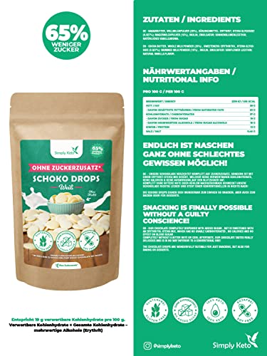 Simply Keto Lower Carb* Schokodrops ohne Zuckerzusatz (200g) - Weiße Schoko Drops zum Naschen oder Backen - Gesüßt mit Erythrit statt Zucker - Ideal für Low-Carb & Ketogene Ernährung