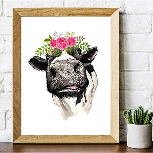Tableau vache fleurs toile déco murale salon 50x70cm sans cadre
