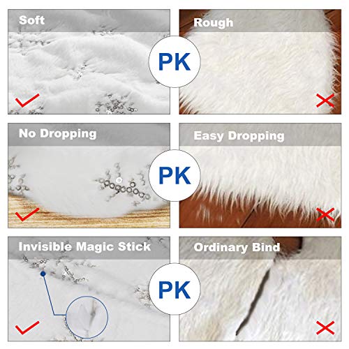 Soqool Christmas Tree Skirt, Sliver Snowflake 48 inches White Faux Fur Mat for Xmas Party Decorations Holiday Festival Supplies - Thumbnail 4