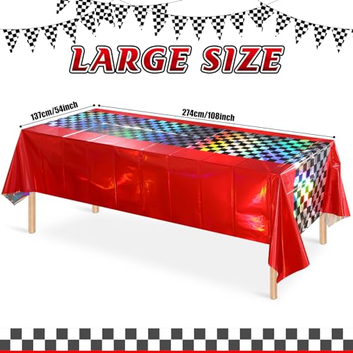Image of 3Pack Iridescent Race Car Plastic Tablecloth, Disposable Shiny Laser Red and Black Checkered Table Cloth, Holographic Foil Rectangle Tablecloth for Race Car Boys Birthday Party Decorations, 54x108Inch