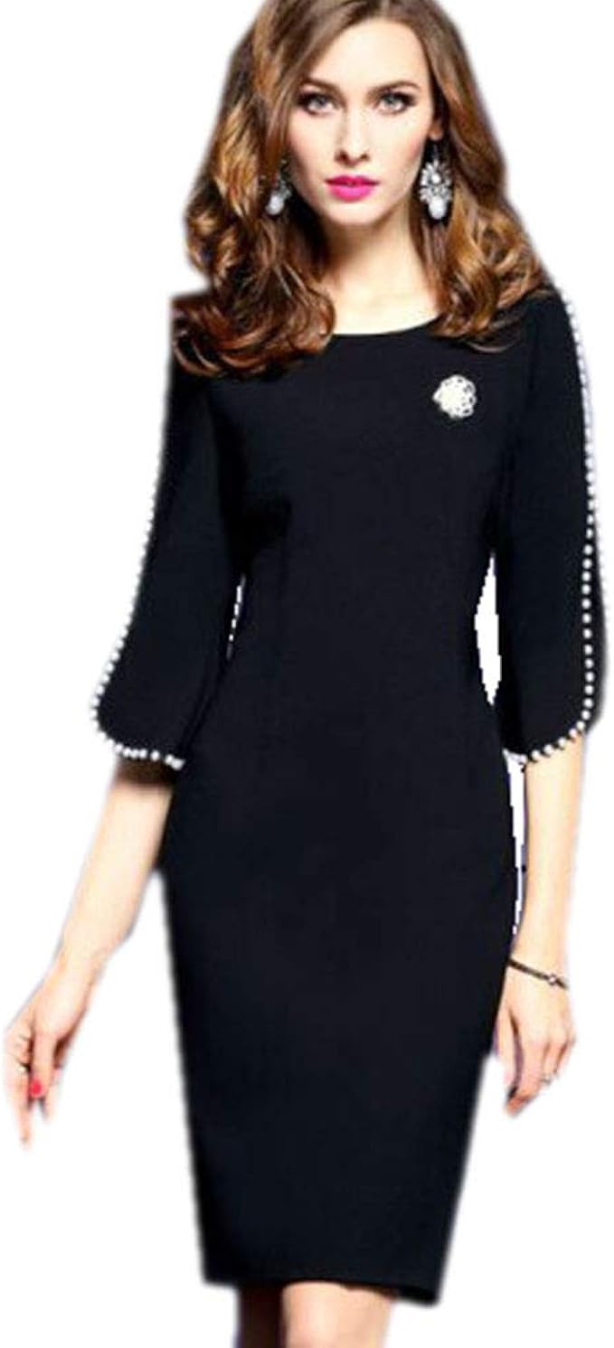 Amazon Co Jp ノーブランド品 パール付きシンプル黒ワンピース 服 ファッション小物
