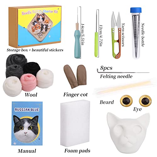 BAGERLA Needle Felting Kits for Beginners, Needle Felting Supplies Kits with Step-by-Step Video, Russian Blue Cat Model, Colorful Wool Needle Felting Starter Kit for DIY Handcraft Project
