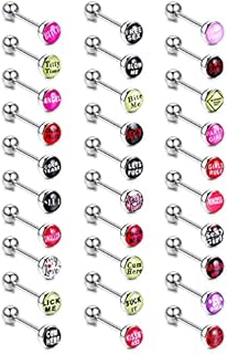 Kakonia 30pcs Fancy Words Pictures Logo Stainless Steel Straight Barbells Tongue Rings Bars Piercing Jewelry