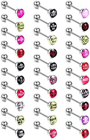 Kakonia 30pcs Fancy Words Pictures Logo Stainless Steel Straight Barbells Tongue Rings Bars Piercing Jewelry