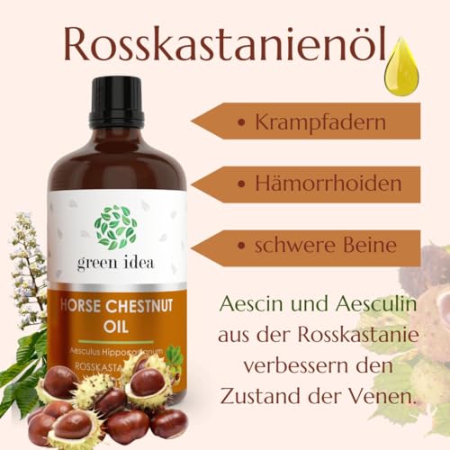 Green idea - ROSSKASTANIENÖL bei Krampfadern, Hämorrhoiden, Besenreiser, schwere Beine | Venenschatz | mit Rosskastaniensamen- und Blütenextrakt - Hämorrhoidenöl mit Rosskastanienextrakt 100 ml