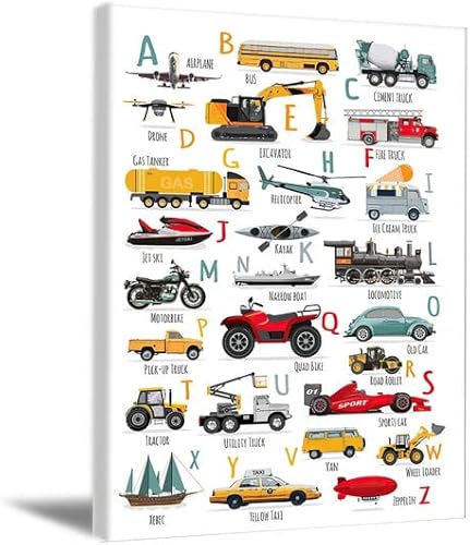 SHDOWARTH Cartoon Construction Art Prints Children's ABC Wall Art Transportation Poster Trucks Digger Transport Vehicle Poster Alphabet Numbers Wall Art Boy Bedroom Classroom Decor Unframed 12X16Inch