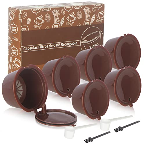 Retilio Filtros Cápsulas de Café puede rellenar reutilizar para Dolce Gusto Cafetera fuerte al menos 200 veces de usos para reemplazo, 6 pcs con 2 cucharón de plástico y 2 cepillo de limpieza