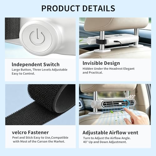 Car Seat Fan–3-Speed Quiet USB Headrest Fan, Adjustable Back & Neck Airflow for Driver, Rear-Facing Baby, Kids, Pets & Backseat Passengers, Bladeless Safe Design, Easy Install,Fit for SUV Truck Van RV by SMINWISNOZY - Used condition - Image 3