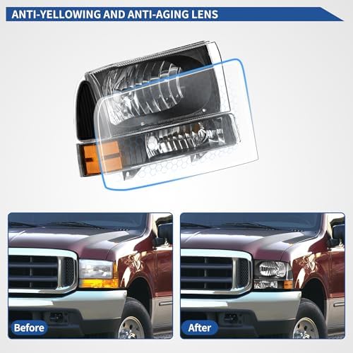 oEdRo Headlight Assembly Compatible with 1999-2004 Ford F250 F350 F450 F550 Super Duty/2000-2004 Ford Excursion, OE Headlamp Replacement Black Housing Amber Reflector Clear Lens — view 5