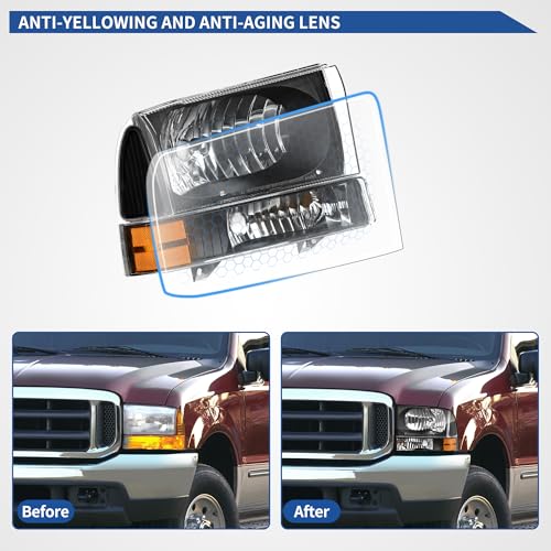 Image of oEdRo Headlight Assembly Compatible with 1999-2004 Ford F250 F350 F450 F550 Super Duty /2000-2004 Ford Excursion, OE Headlamp Replacement Black Housing Amber Reflector Clear Lens
