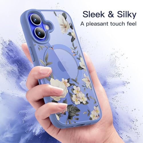 Image of VONZEE Compatible with iPhone 16 Case Luxury Retro Flowers Floral Clear for Magnetic Wireless Charging Case Shockproof Case PC+TPU Cute Glossy Shiny Cover for Girls Women, 6.1'' Official Blue