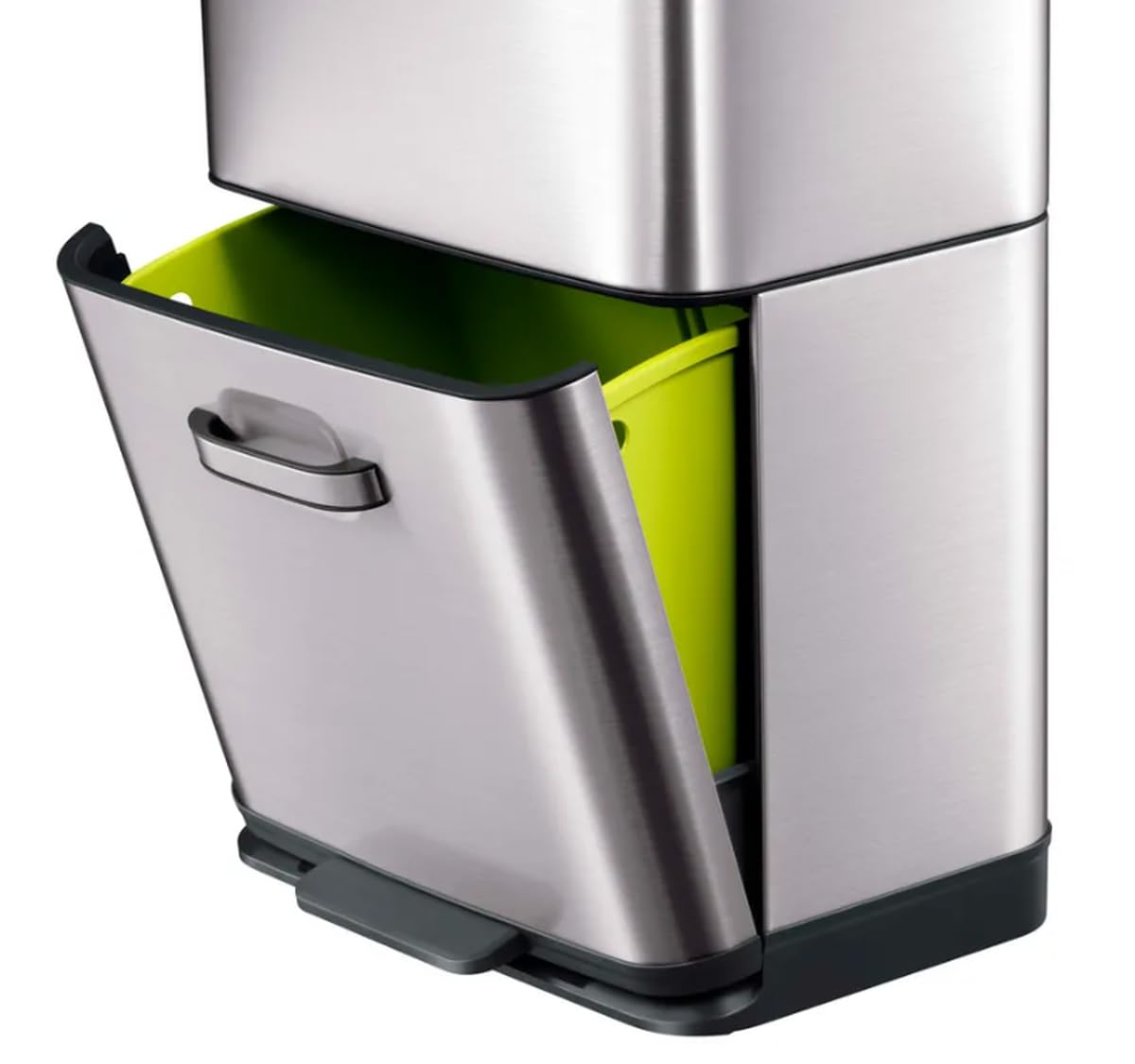 Primer pla view of the lower drawer of the trash can opening, revealing the inner bucket.