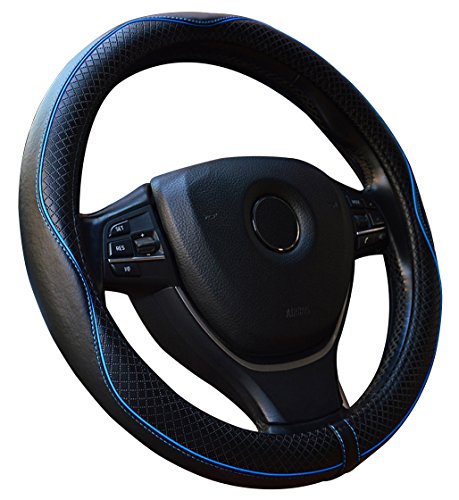 Leather Steering Wheel Cover - Universal 15 Inch Steering Wheel Cover For Car Truck Suv Fit is Nice and Snug (Black&Blue)