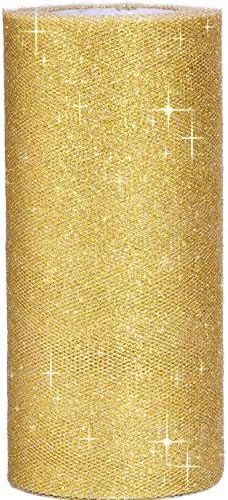 6 Inch Sparkling Tulle Ribbon Roll Glitter Tulle Roll Tulle Spool 25 Yards Gold