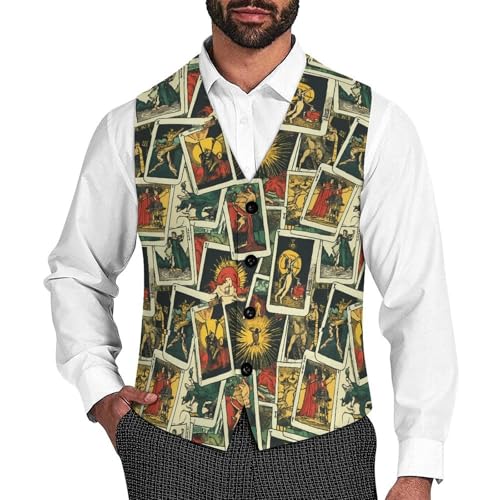 Tarot Cards Suit Vest for Men Slim Fit Tuxedo Waistcoat Button Down V Neck Business Dress Coat