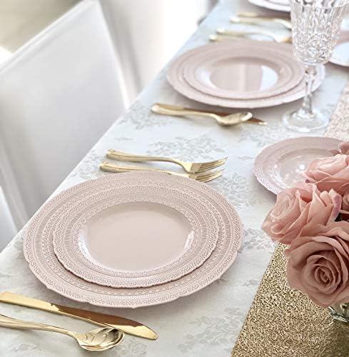 " OCCASIONS " 50 Plates Pack (25 Guests)-Extra Heavyweight Vintage Wedding Disposable/Reusable Plastic Plates -25 x 11'' Dinner + 25 x 8.25'' Salad/dessert (Chateau Blush Pink) - 3