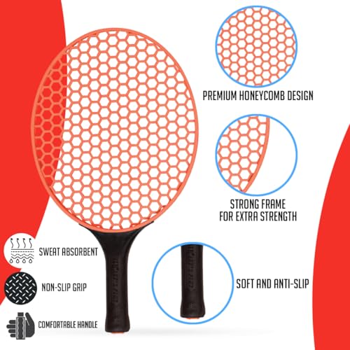 Image of Amazon Brand - Jam & Honey Honeycomb Paddle Racket Set with Net, 2 Rackets & 2 Balls, Indoor Outdoor Family Game for Kids & Adults 3+ Years, BIS Certified Child Safe (Orange) (Pack of 3)