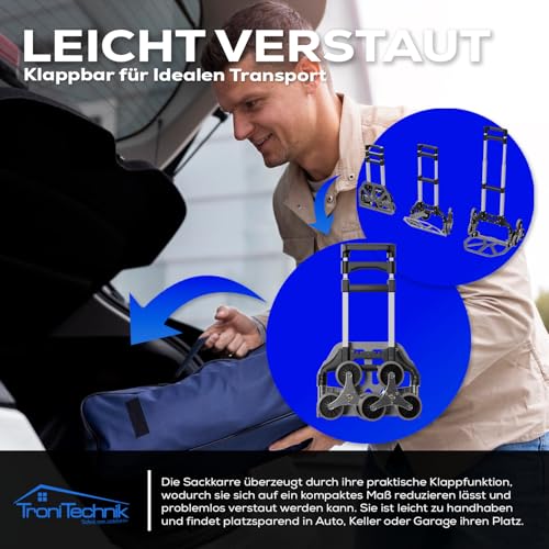 Tronitechnik® Sackkarre Handkarre klappbar für Treppen, Transportkarre bis 75kg - Karre für Pakete, Transportwagen für Pakete, Gepäck und Einkauf - Vollgummireifen, höhenverstellbar